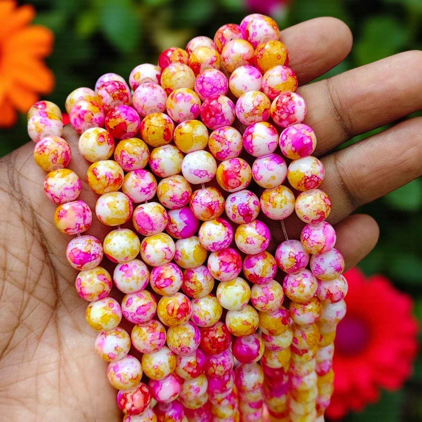 Printed Beads - Pink with Yellow