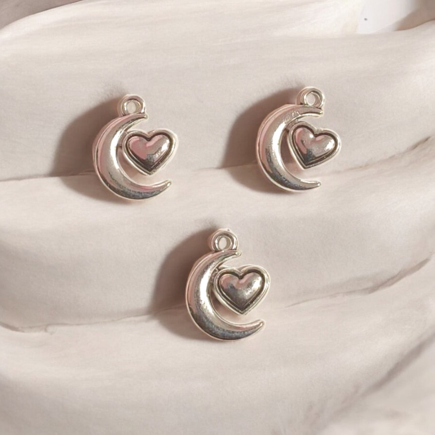 Silver Moon With Heart Metal Charm - 1 PC