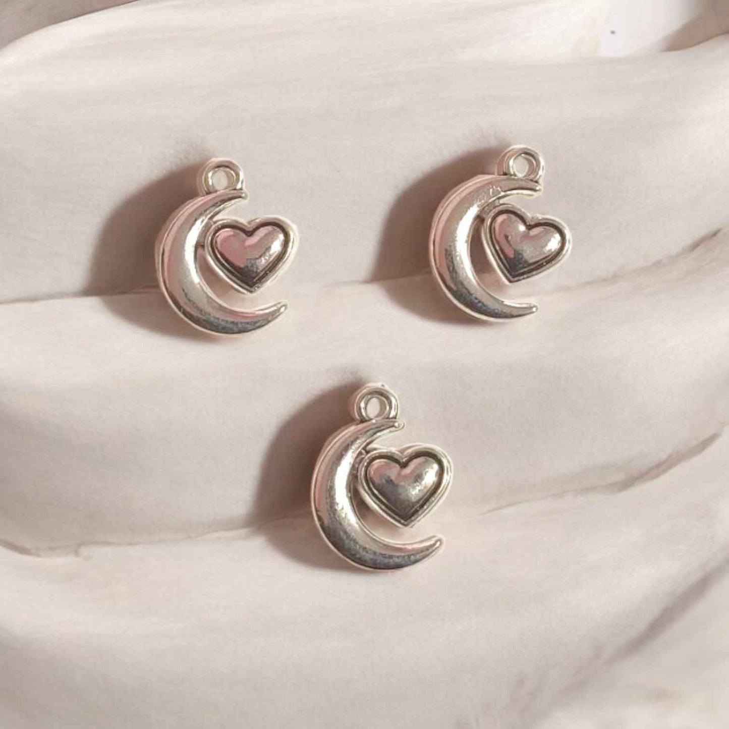 Silver Moon With Heart Metal Charm - 1 PC