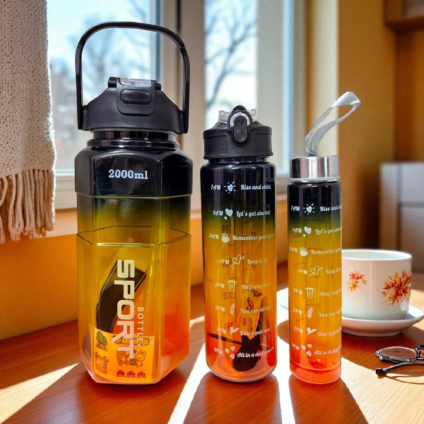 Set of 3 gym motivational water bottles with time markers and motivational quotes, perfect for fitness and hydration goals.