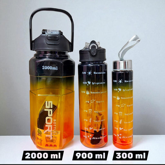 Set of 3 gym motivational water bottles with time markers and motivational quotes, perfect for fitness and hydration goals.
