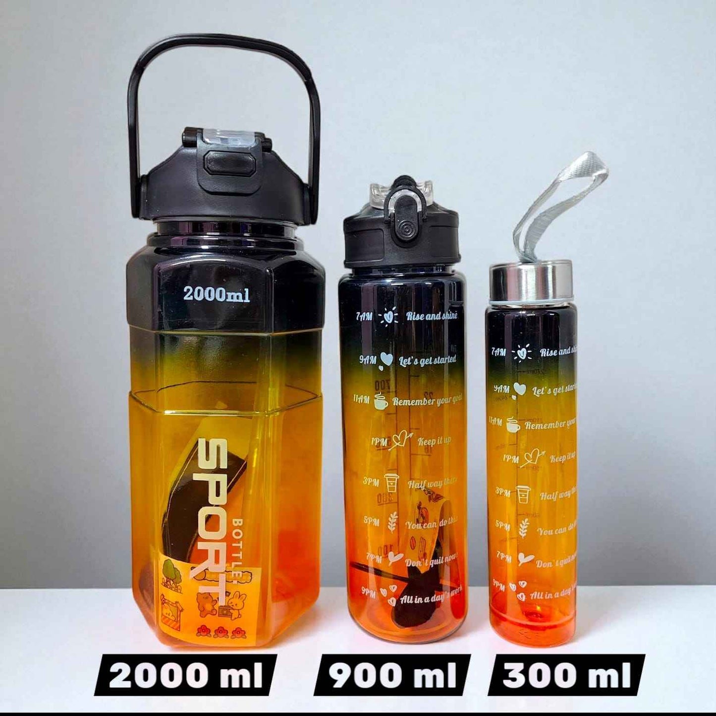 Gym Motivational Water Bottle Set Of 3 (2000 ml, 900 ml & 300 ml) - Black with Orange