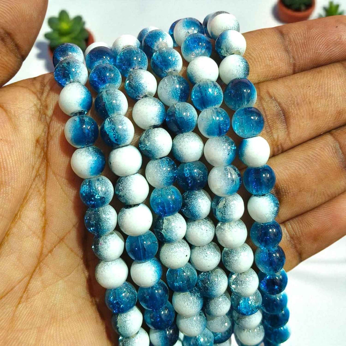 Crackle Beads 8 mm - Teal Blue and White Dual Tone