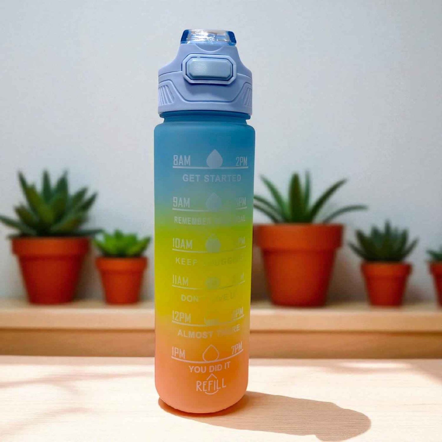 Gym Motivational Water Bottle (800 ml) - Blue, Yellow, Peach