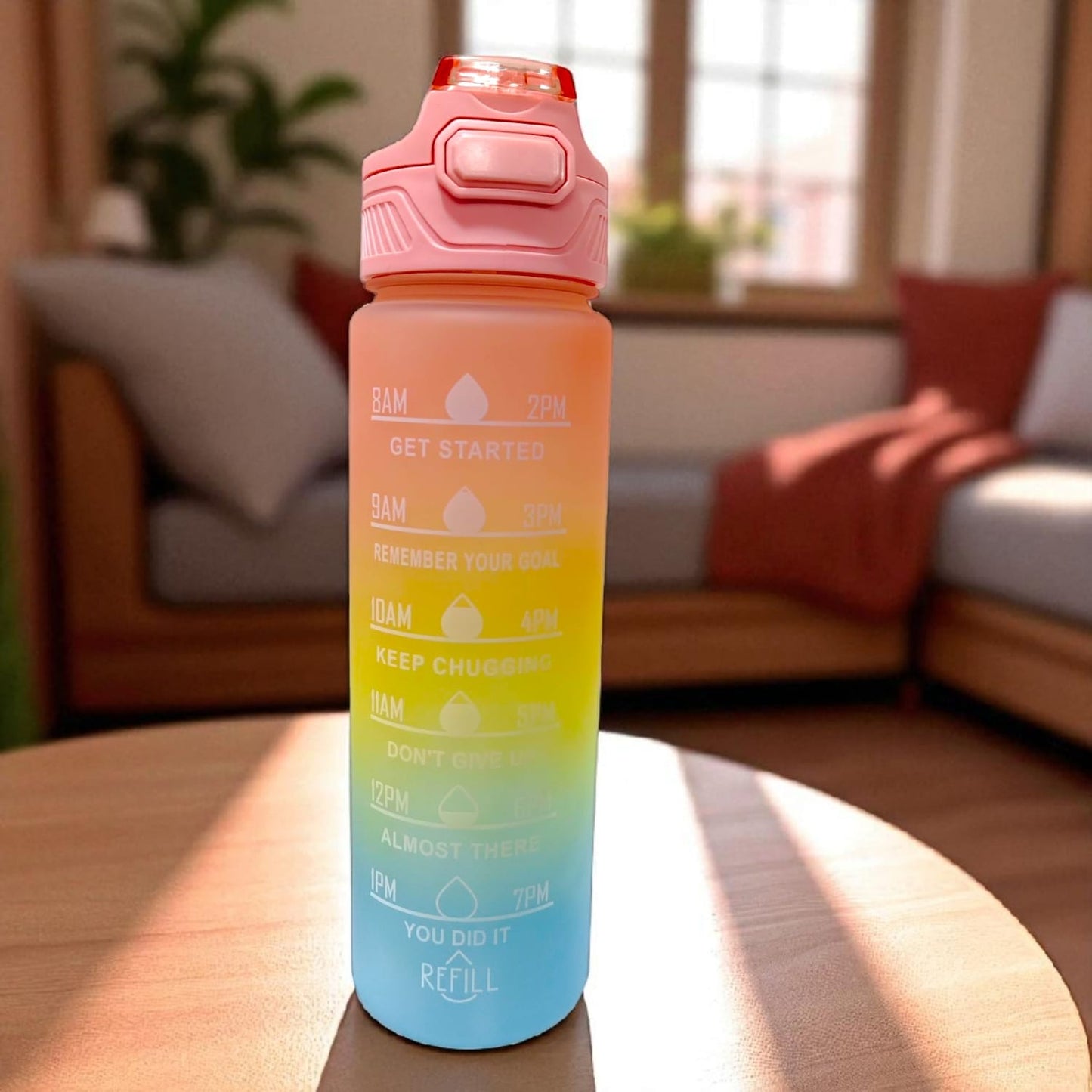 900 ml gym motivational water bottle with time markers and inspiring quotes, ideal for workout hydration.