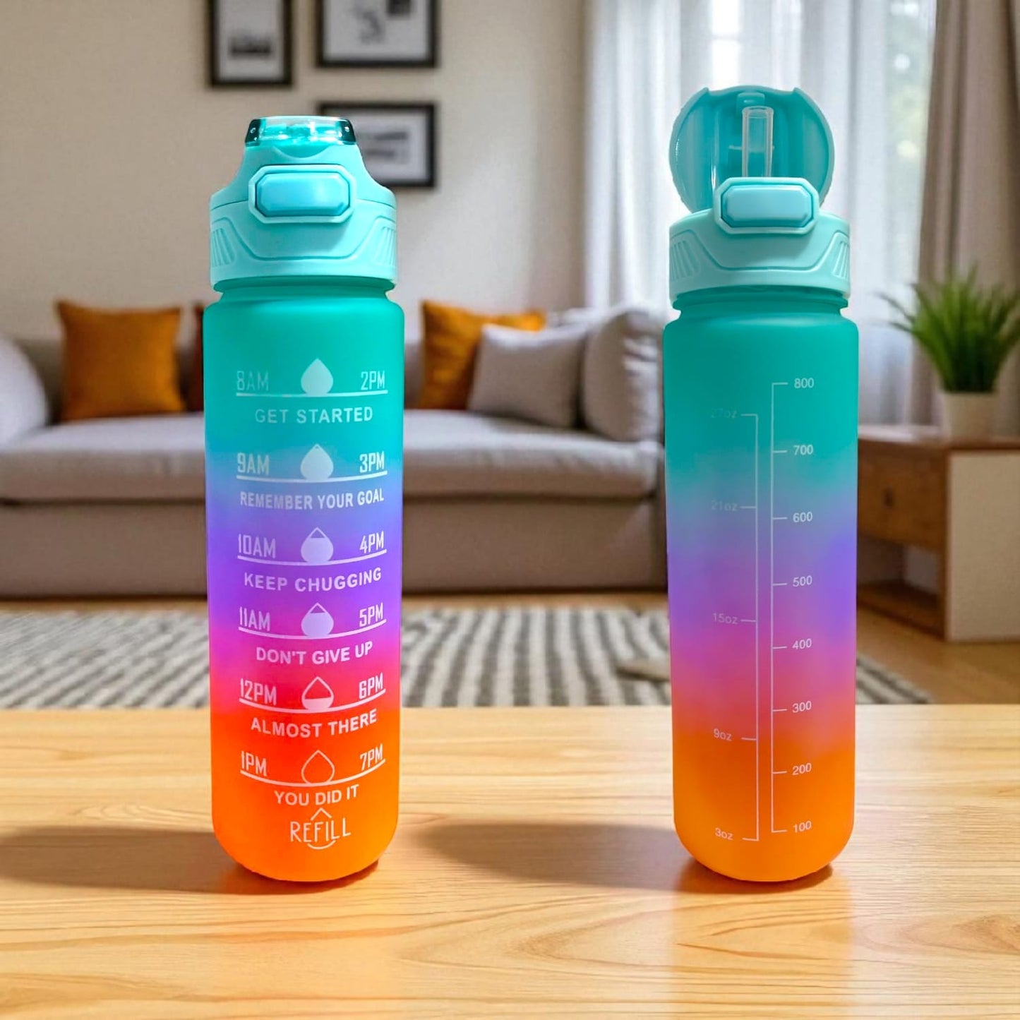900 ml gym motivational water bottle with time markers and inspiring quotes, ideal for workout hydration.