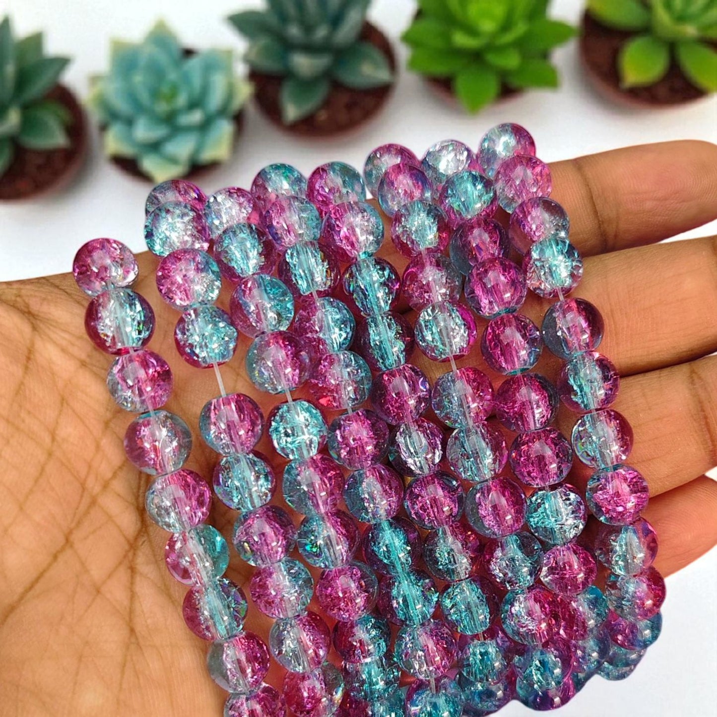 Wine and light blue crackle beads with glossy cracked-glass finish for jewelry making and crafts