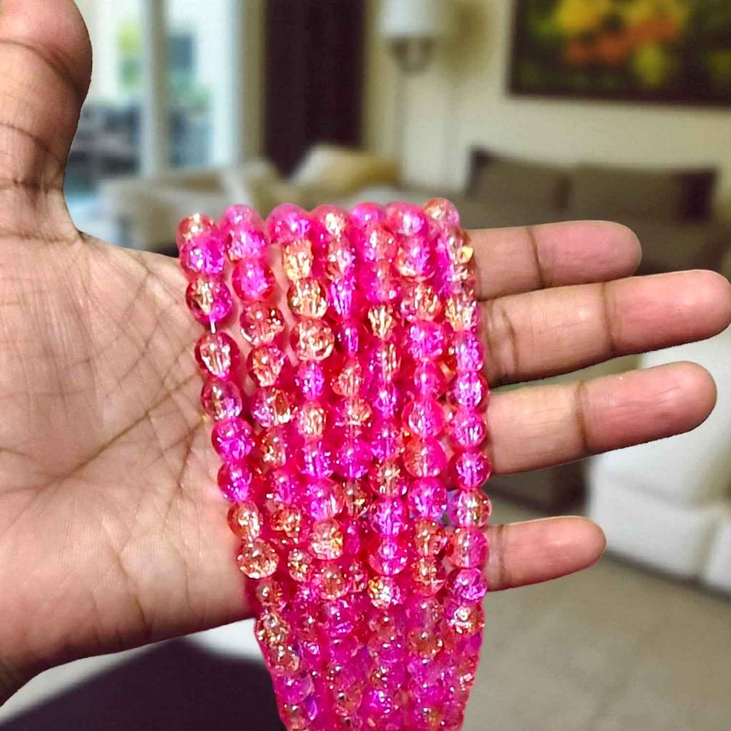 Dark Pink Yellow Multi Crackle Beads 8mm