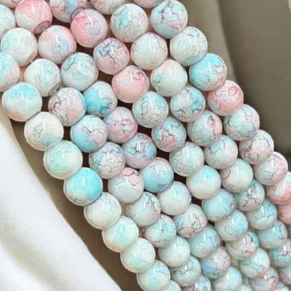 Blue Pink Printed Glass Beads 8mm