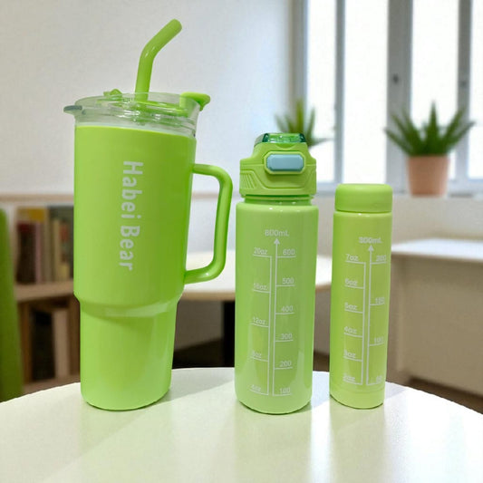 3 Pcs Set Motivational Water Bottle (2000 ml, 900 ml, 300 ml) - Green Color