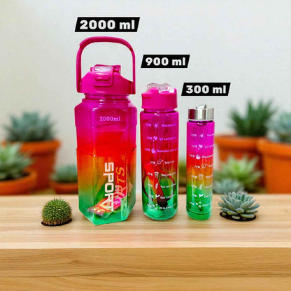 Gym Motivational Water Bottle Set Of 3 (2000 ml, 900 ml & 300 ml) - Green with Pink