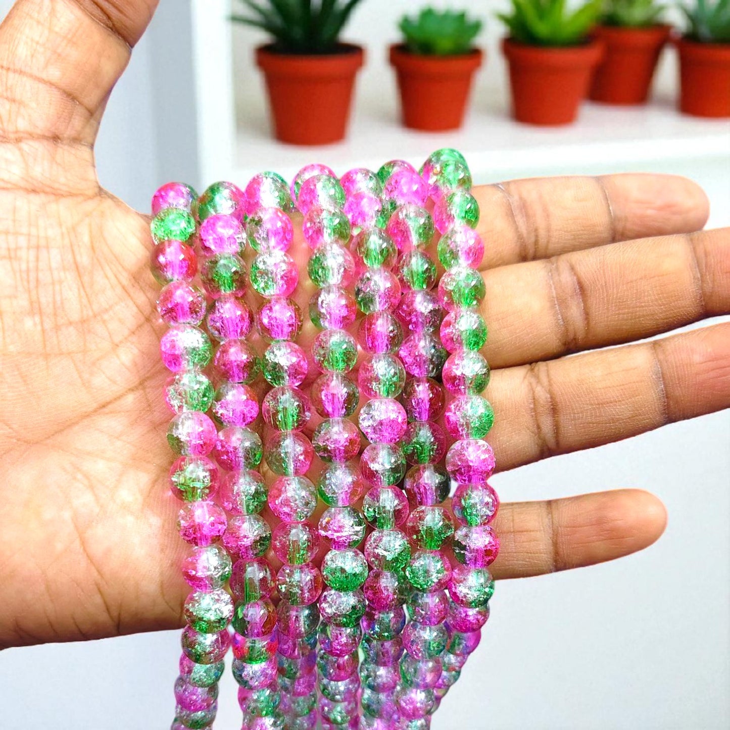 8mm Crackle Beads - Green and Pink