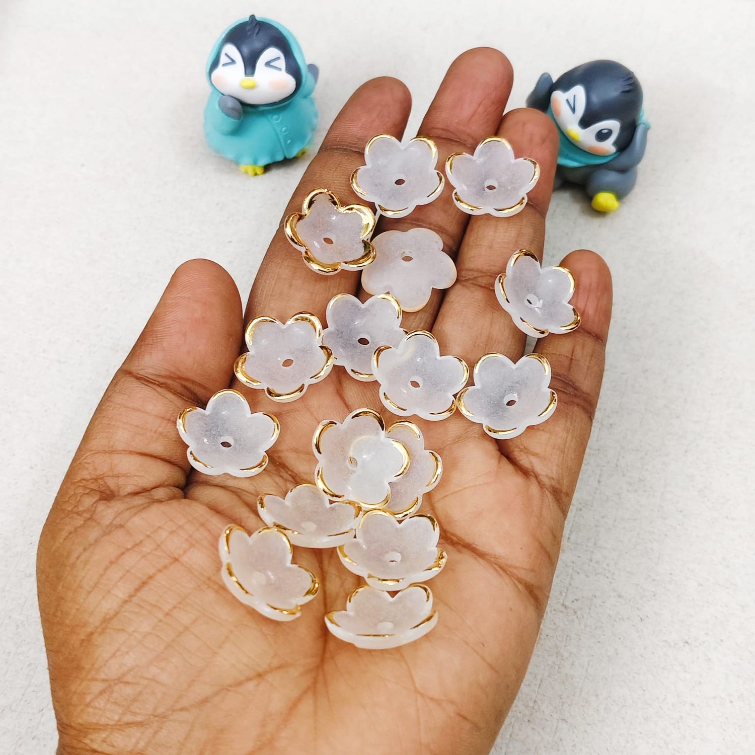 Acrylic 5 petal white flower embellishment with golden border for jewellery making and craft designs