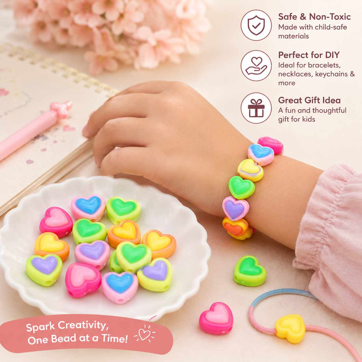 Acrylic Fancy Heart Beads - 5 Pcs