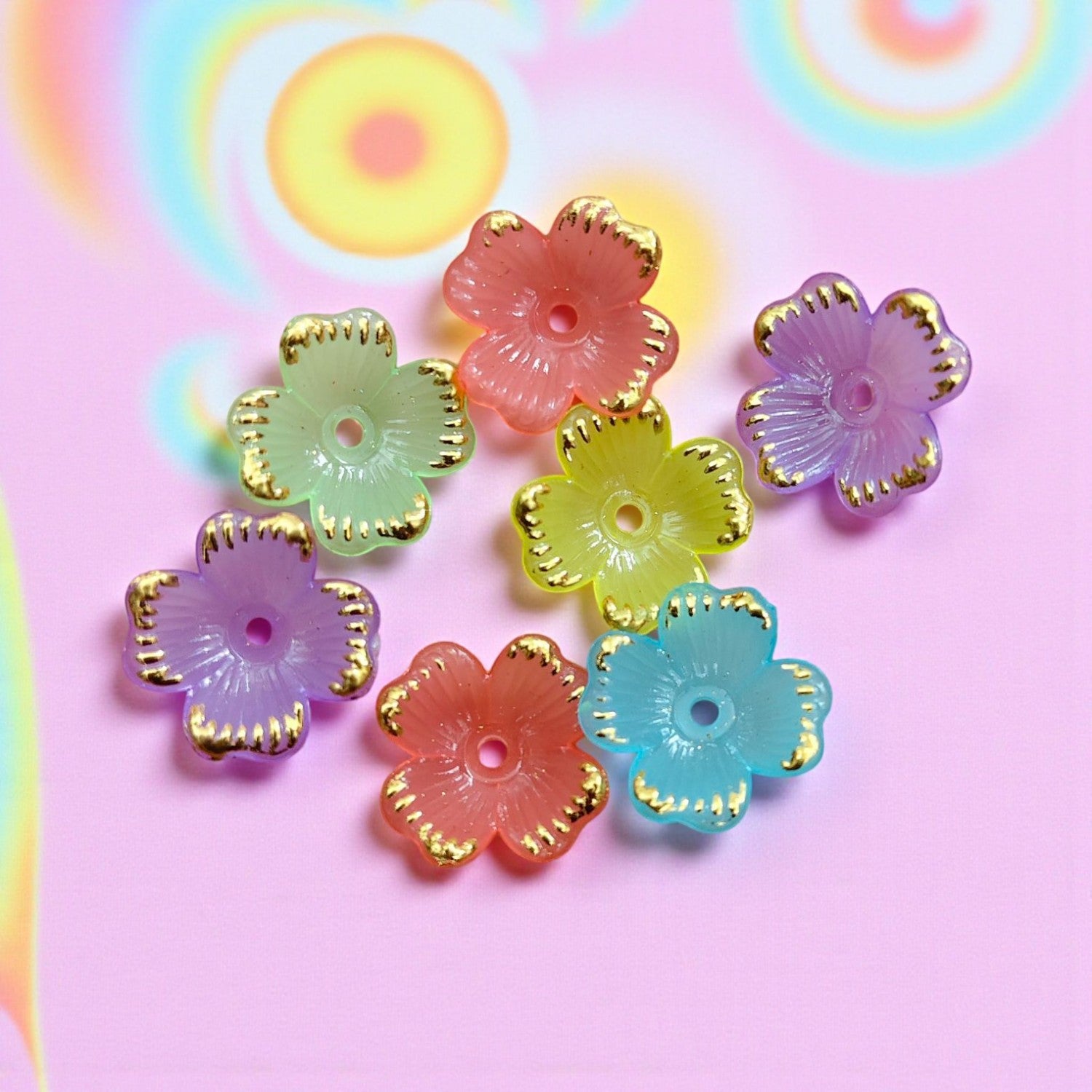 Multicolor Acrylic Flower Beads With Golden Line - 10 gram