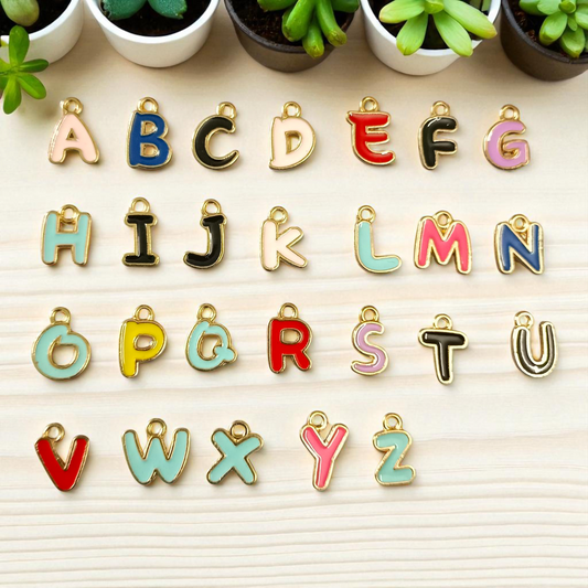 Colorful multicolor alphabet charms for DIY jewelry and craft projects, featuring vibrant letters in various styles and shades