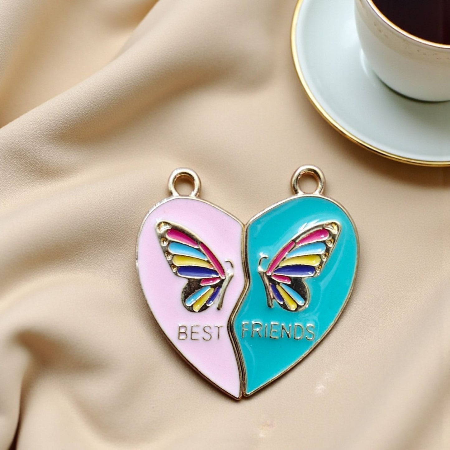 Best Friends pink and blue magnetic heart charm with butterfly design in Gold finish for jewellery making