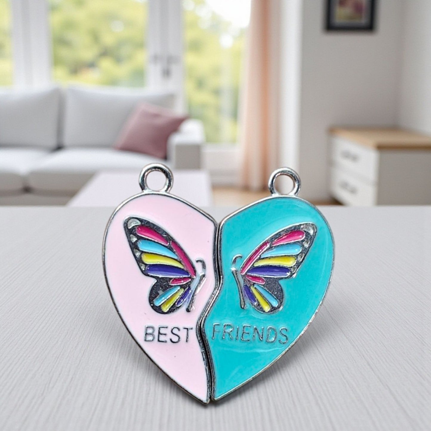Best Friends pink and blue magnetic heart charm with butterfly design in silver finish for jewellery making