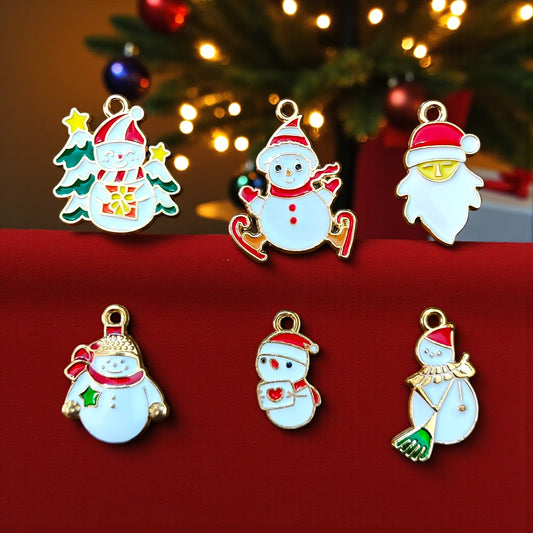 Cute Christmas Snowman Charms with colorful enamel details for festive jewelry and DIY crafts