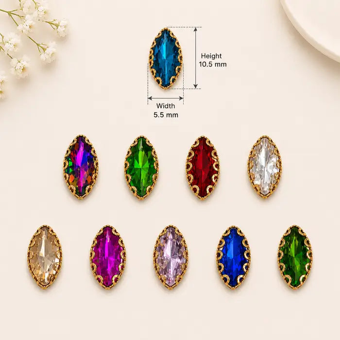 Eye Shape Clip Stone with faceted surface and gold-tone border in assorted colours