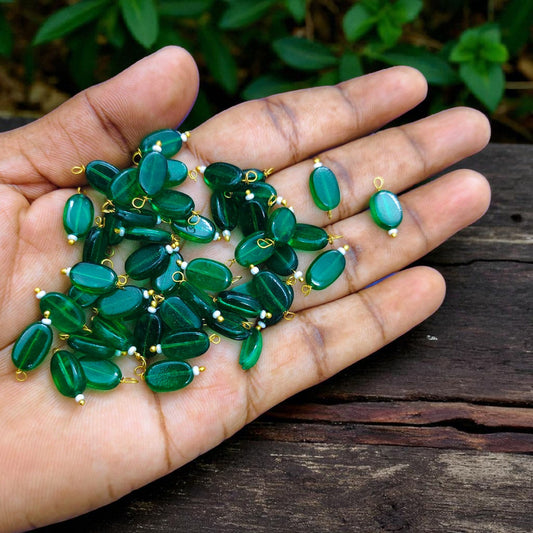 Green - Flat Oval Glass Hanging Beads for Jewelry Making - 10 Pcs