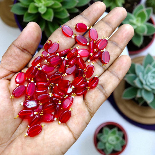 Red - Flat Oval Glass Hanging Beads for Jewelry Making - 10 Pcs