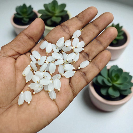 White - Flat Oval Glass Hanging Beads for Jewelry Making - 10 Pcs