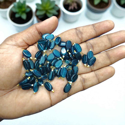 Teal Blue - Flat Oval Glass Hanging Beads for Jewelry Making - 10 Pcs