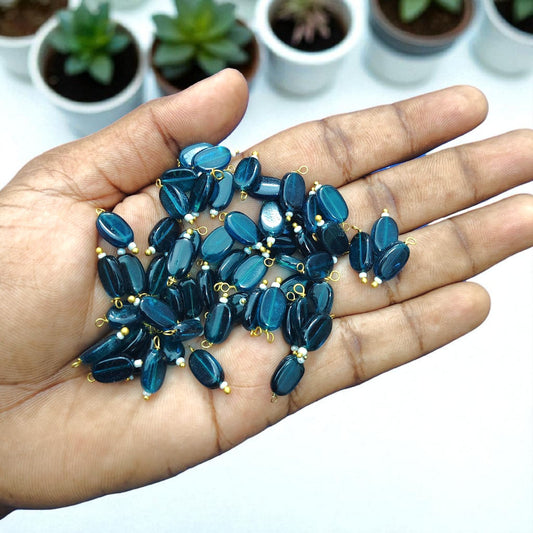Teal Blue - Flat Oval Glass Hanging Beads for Jewelry Making - 10 Pcs