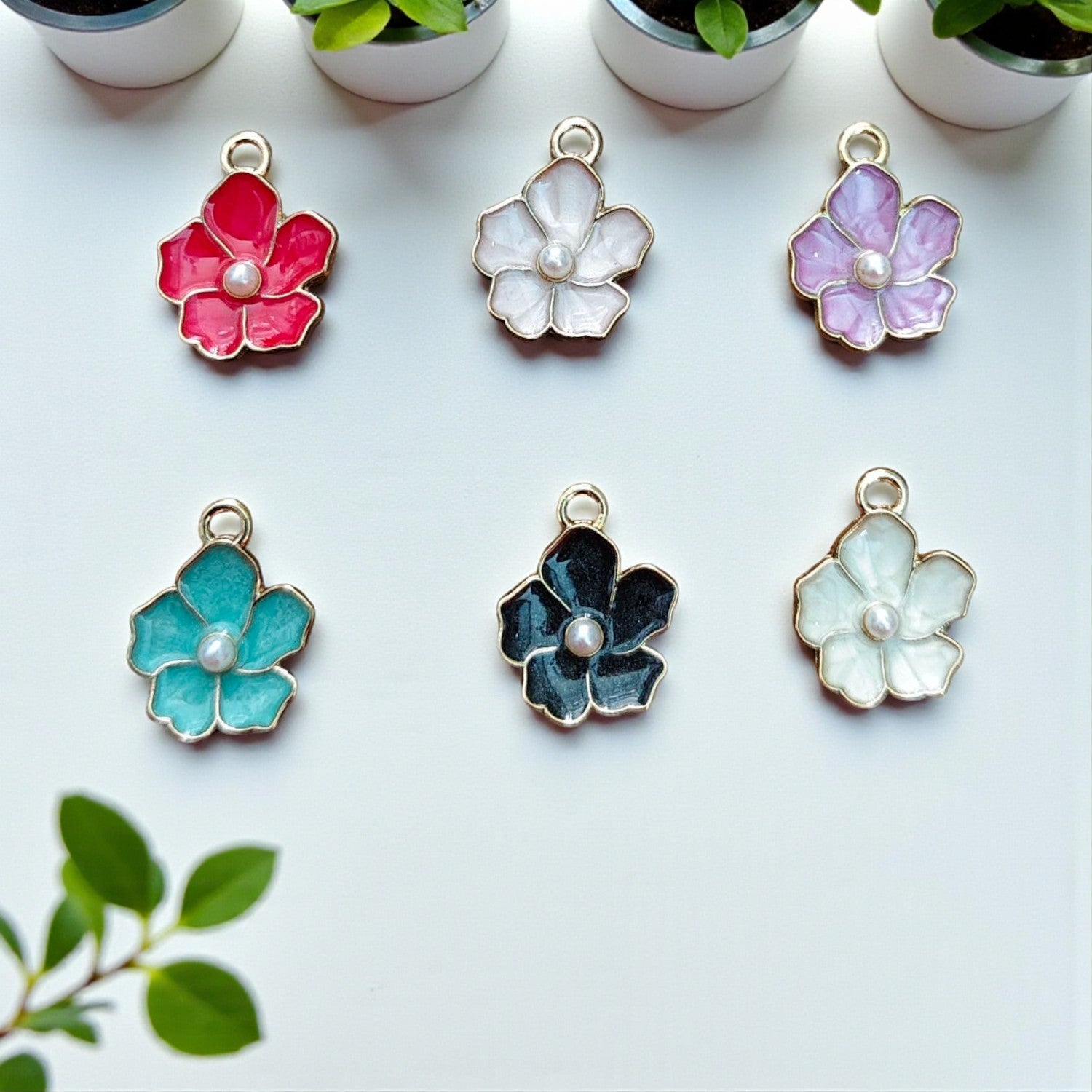 Colorful flower enamel charms with gold outline for jewellery and craft making
