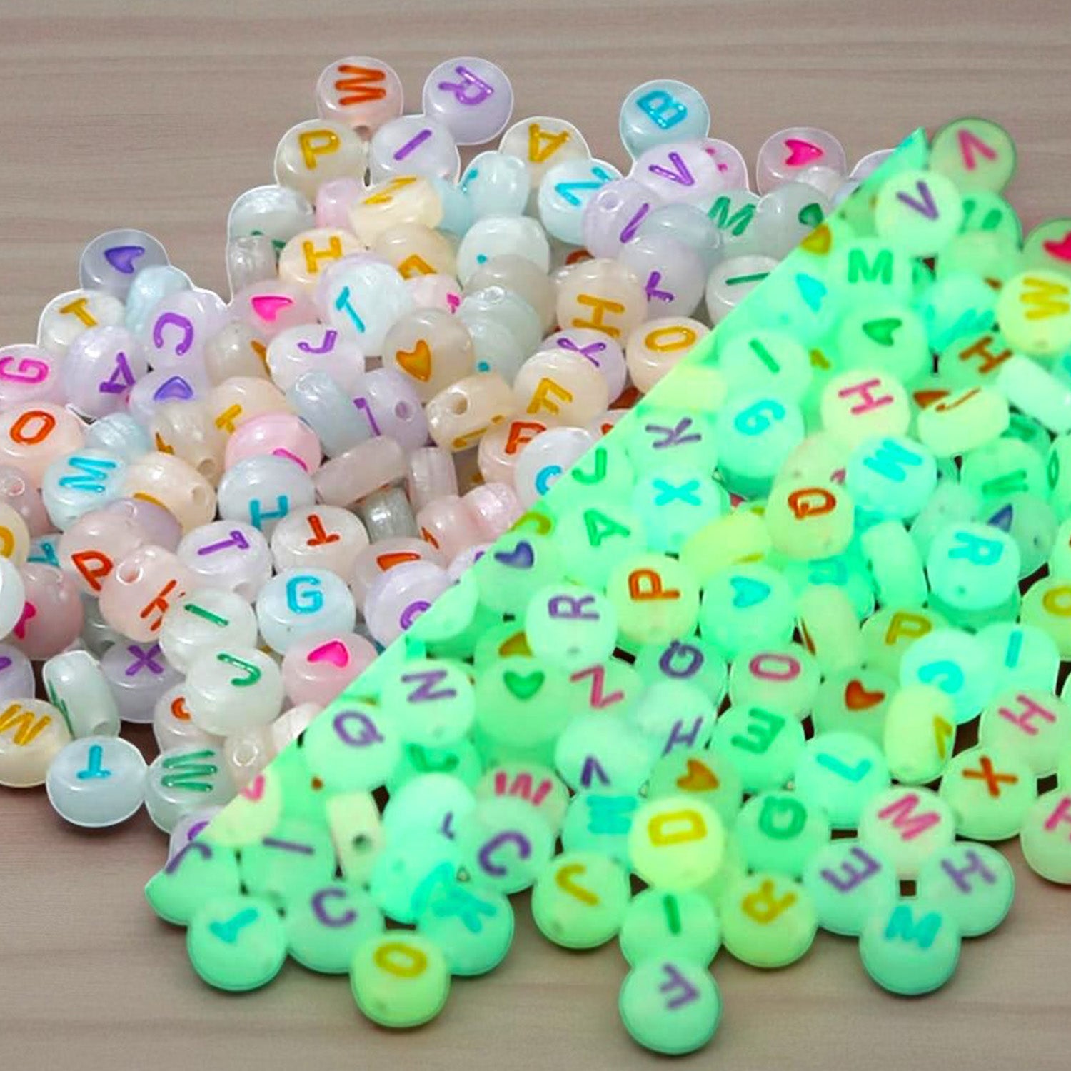 Round Alphabet Beads Glow in the Dark - Mixed Letter - 20 grams