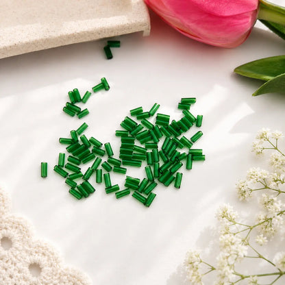 Green Glass Bugle Cut Beads