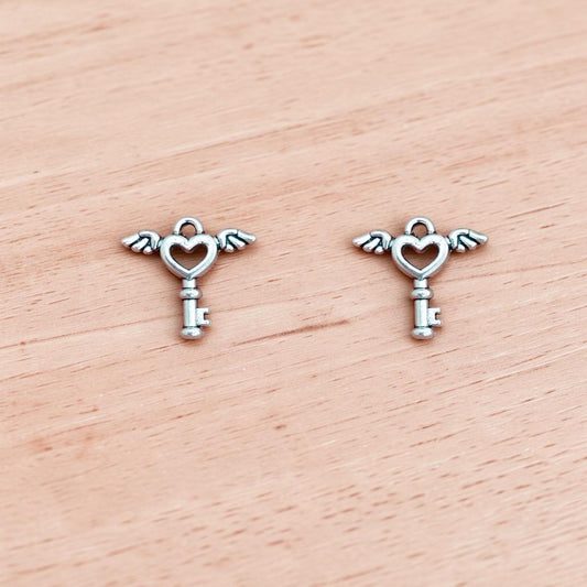 Heart Wings Key Silver Charm