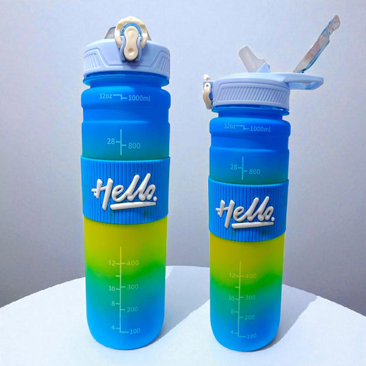 Gym Motivational Hello Water Bottle (1000 ml) - Blue and Yellow