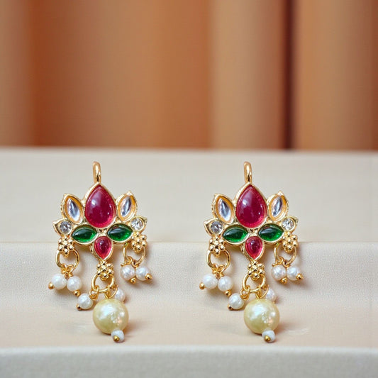 Kundan lotus pendant with pink and red stones and pearl drop, traditional ethnic jewelry making pendant.