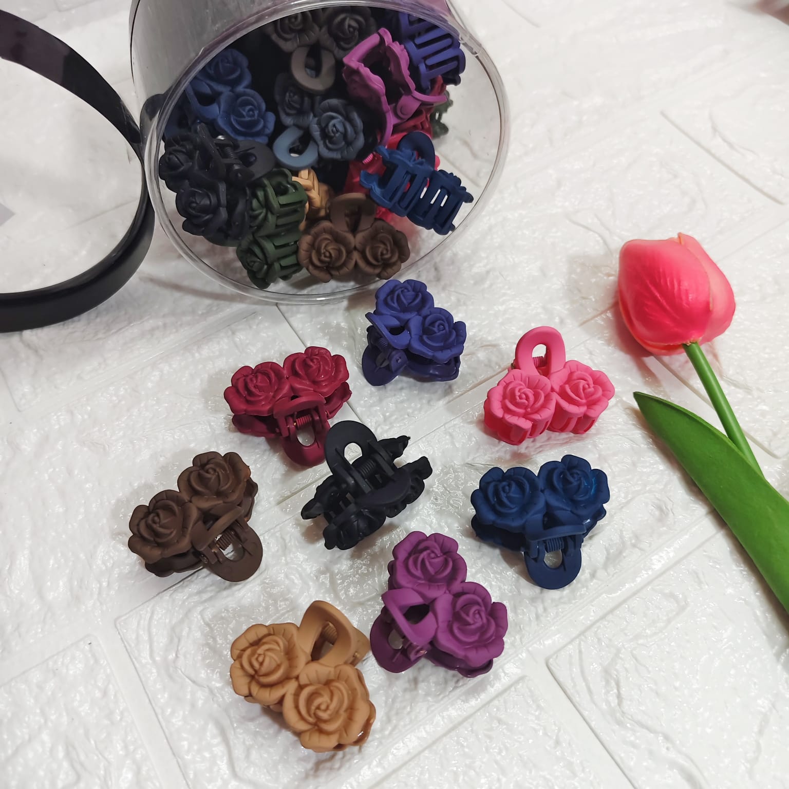 Matt finish rose flower Korean clutches for women with strong grip, elegant floral hair accessory for daily wear