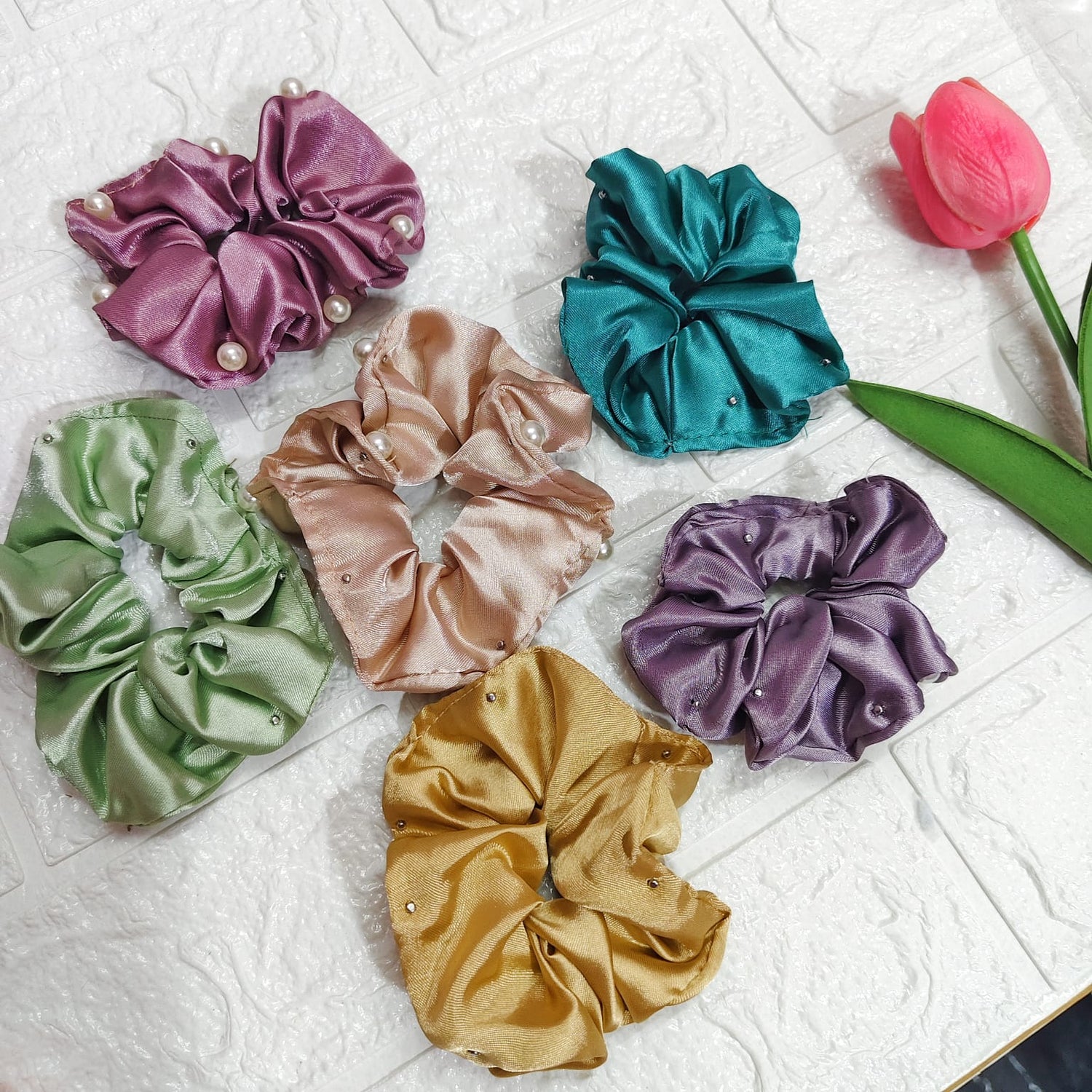 Multicolor satin scrunchies for women and girls – soft glossy hair scrunchies for daily use