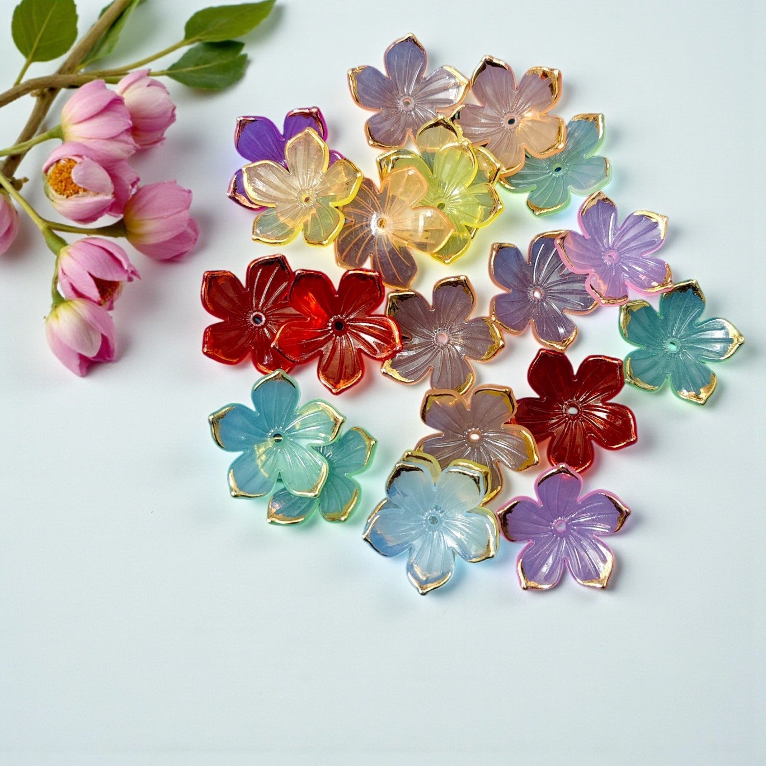 Multicolor acrylic 5-petal flower with gold border for brooch making and DIY crafts