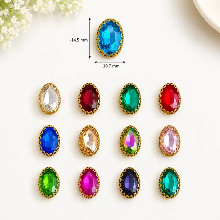 Oval Shape Clip Stone with faceted surface and gold-tone border in assorted colours