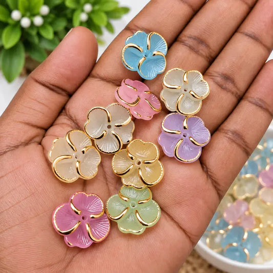 Pastel 4-Petal Flower Beads in assorted colours with gold-tone outlines