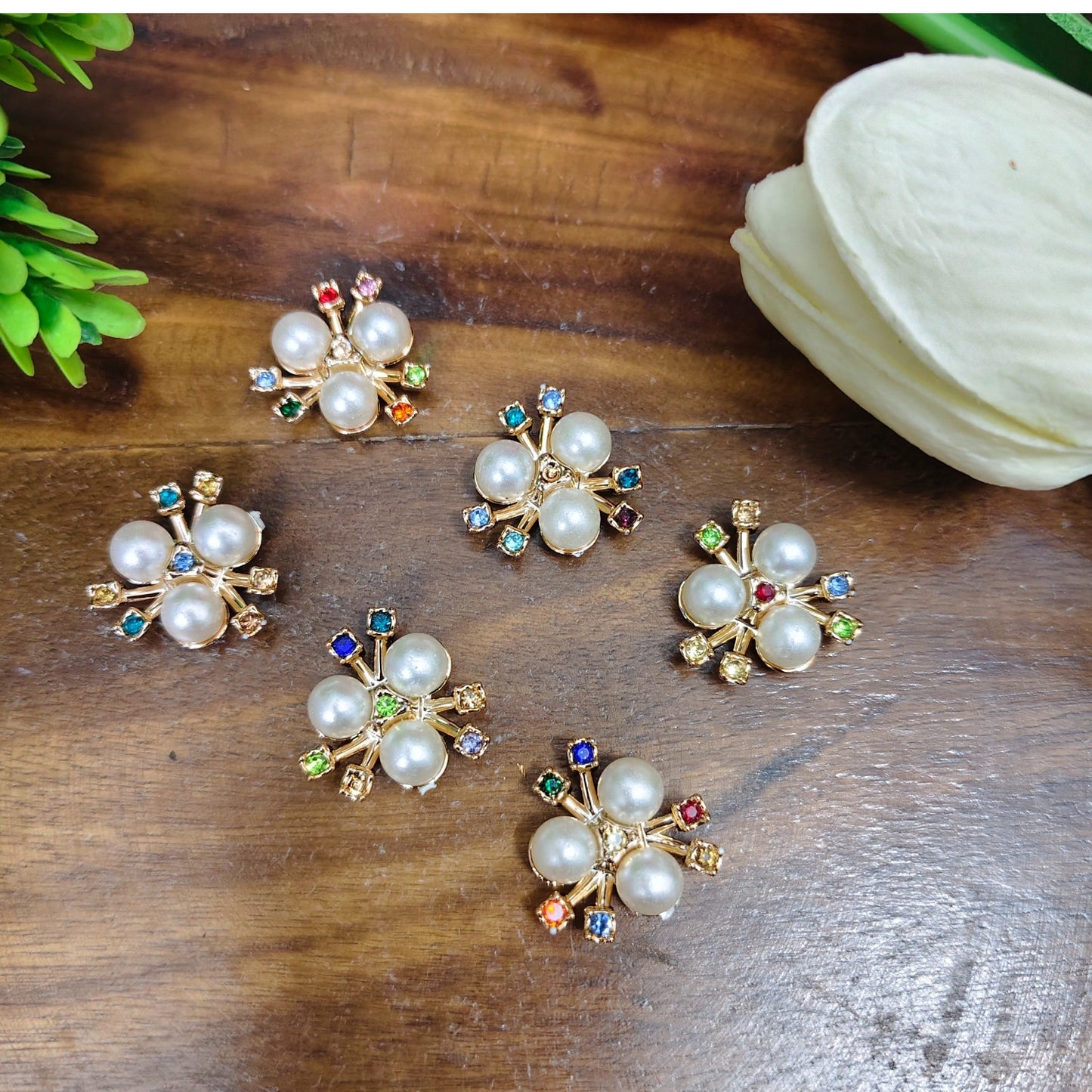 Gold color pearl flower beads with multicolor stones for jewellery making