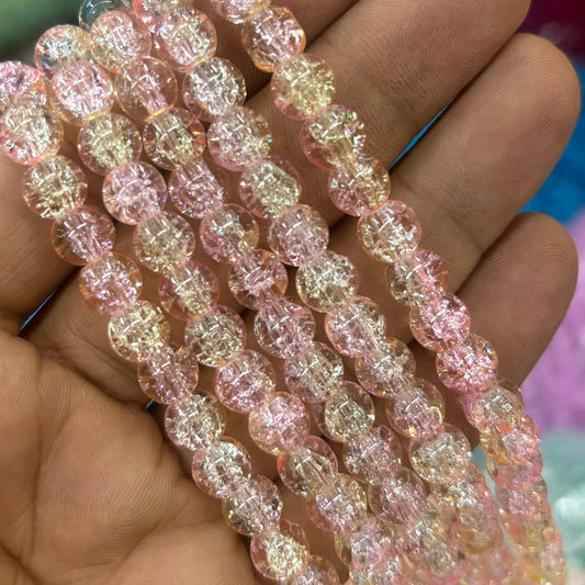 8mm crackle beads in light pink and light yellow dual tone, ideal for DIY jewelry and craft projects with a soft, vibrant look.