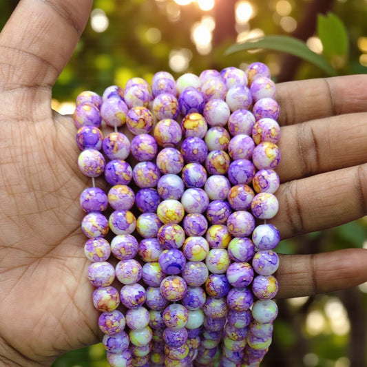 8mm purple with yellow printed beads for jewelry and craft making