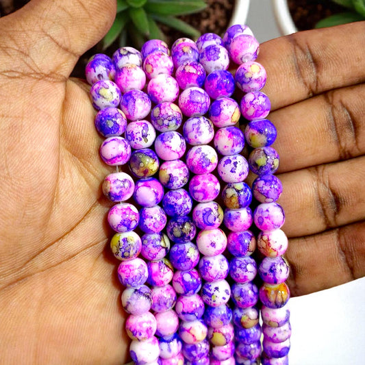 Printed Beads - Purple with Pink - 8mm