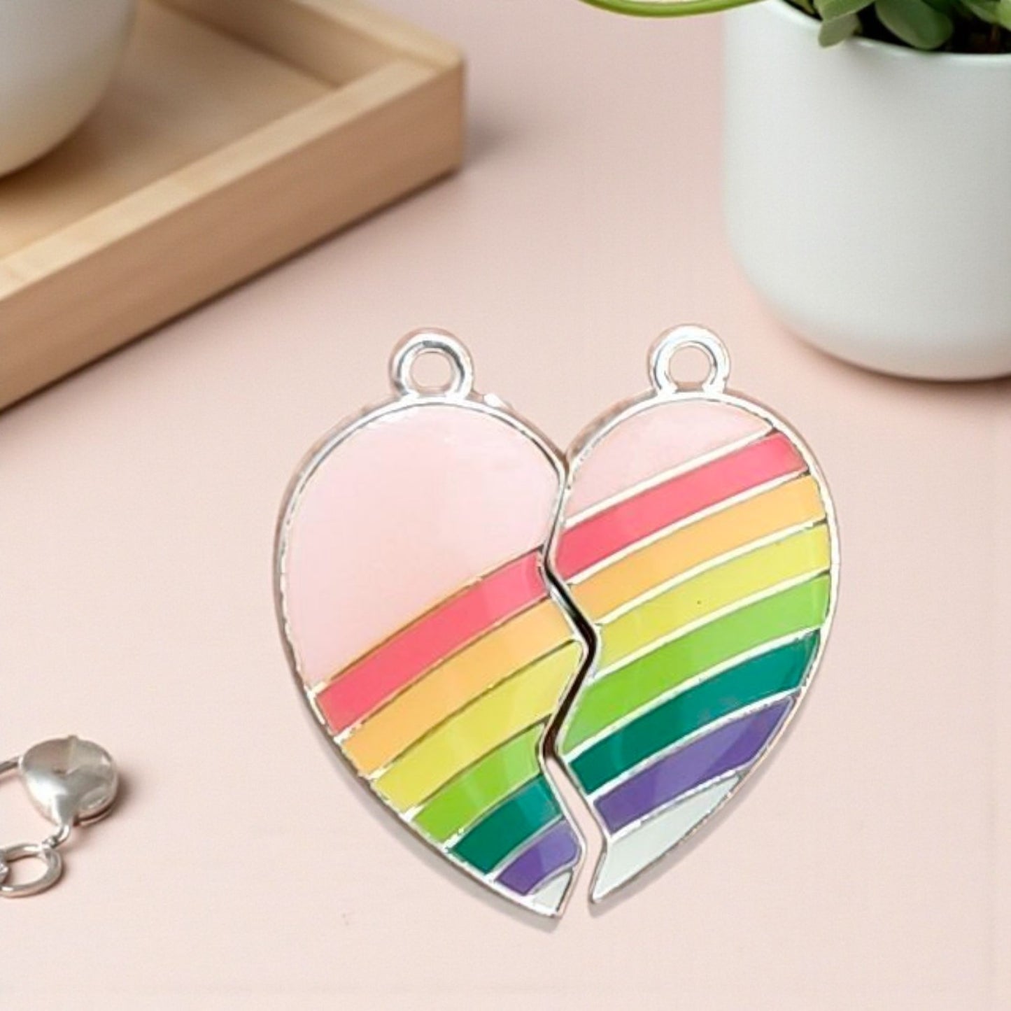 Colorful Rainbow Striped Split Heart Magnetic Charms – 1 Pc