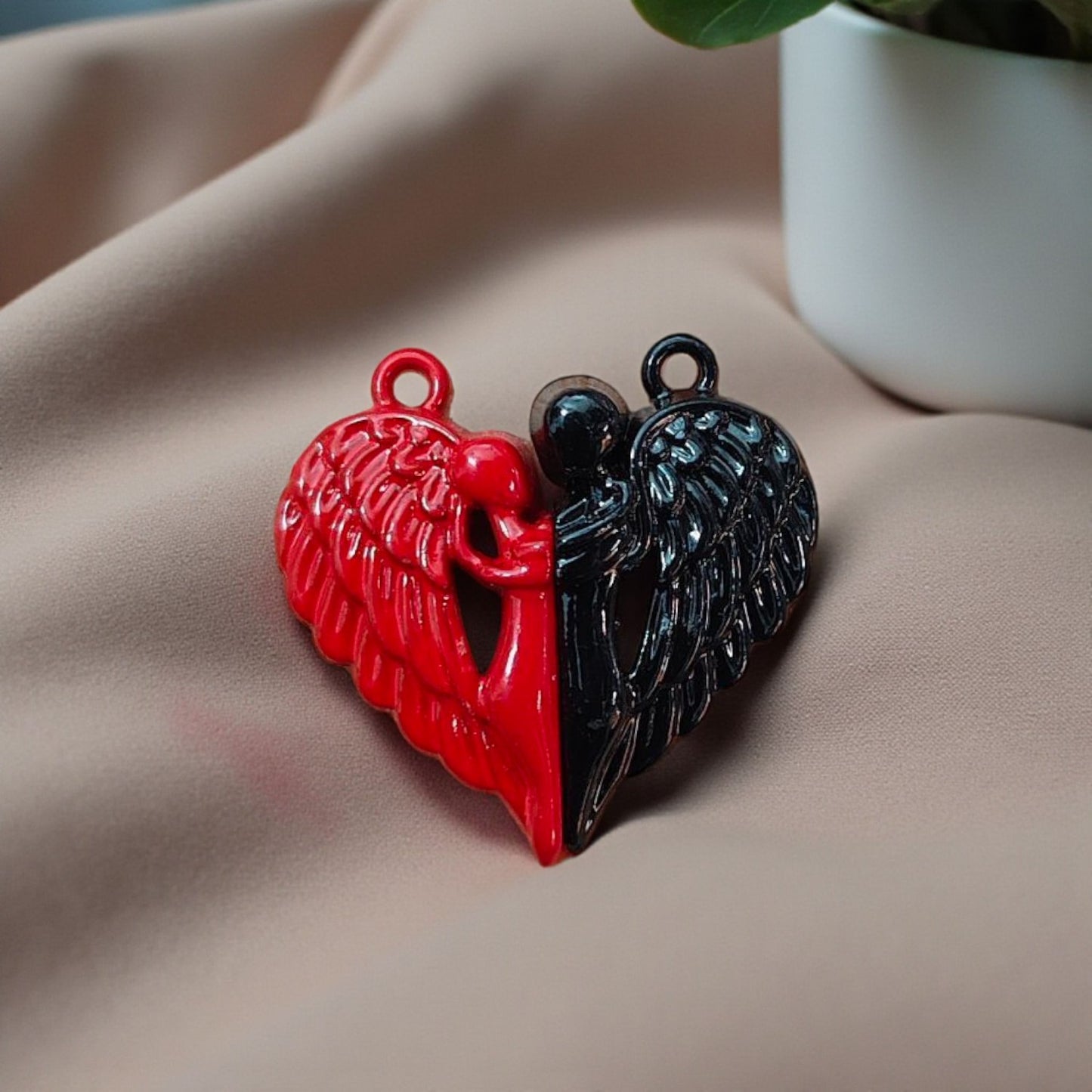 Couple angel red and black heart magnetic charm for romantic jewellery and keychains