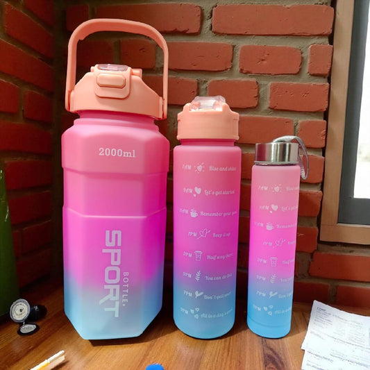 Set of 3 gym motivational water bottles with time markers and motivational quotes, perfect for fitness and hydration goals.