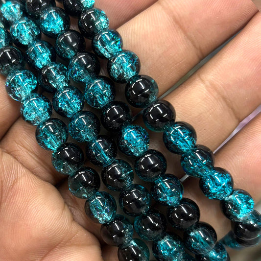 Light Teal Blue Black Crackle Beads 8mm