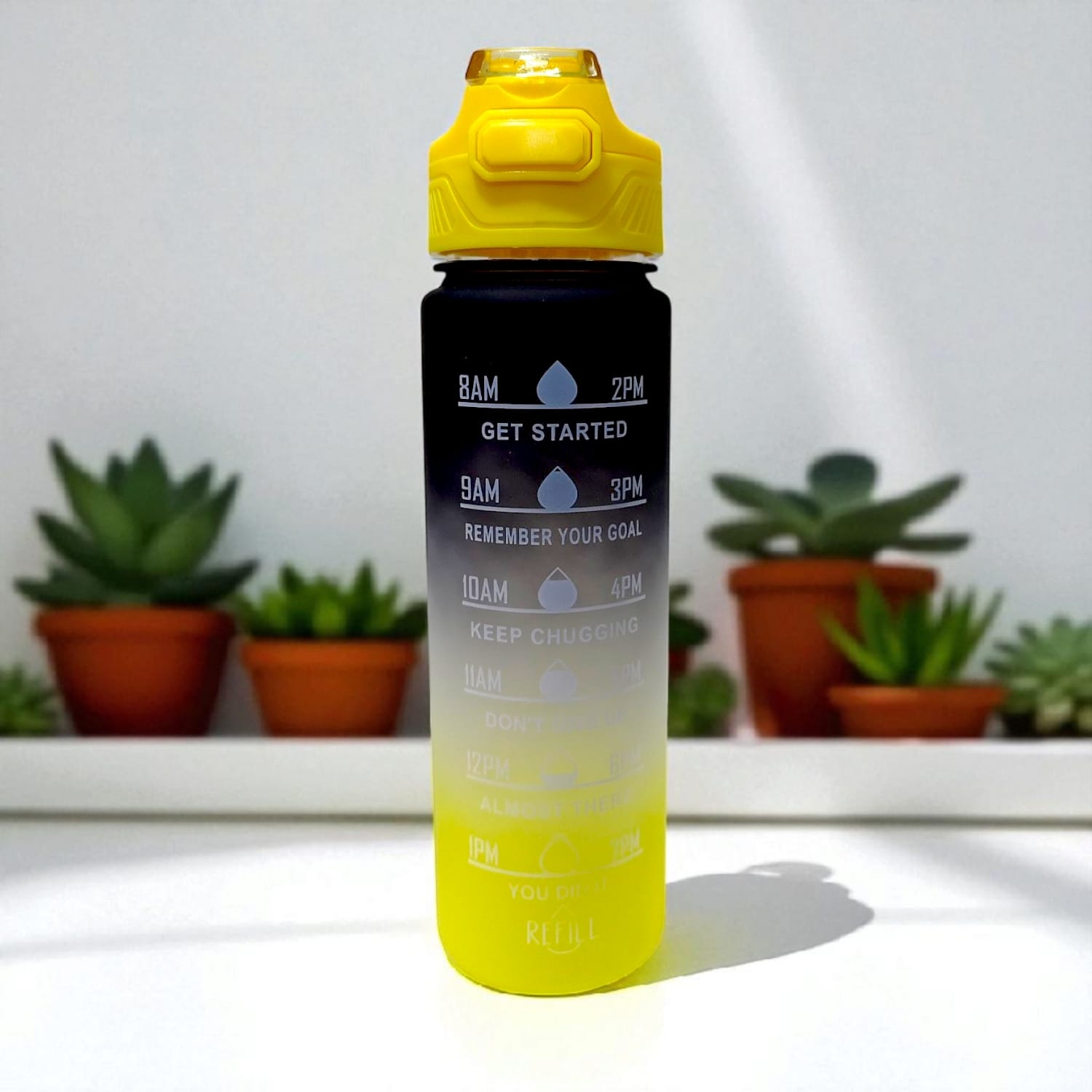 900 ml gym motivational water bottle with time markers and inspiring quotes, ideal for workout hydration.