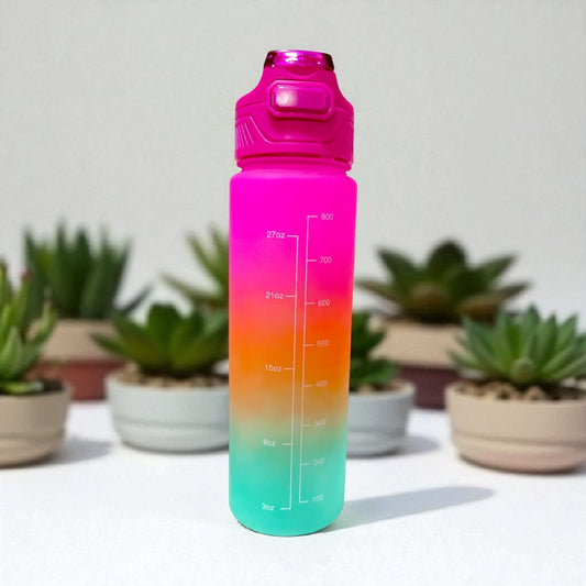 900 ml gym motivational water bottle with time markers and inspiring quotes, ideal for workout hydration.background